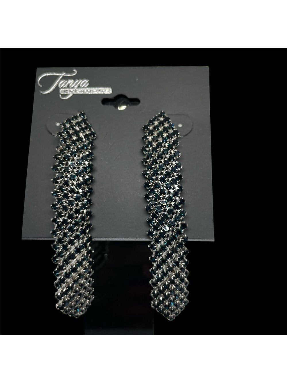Tanya Creations Deep Teal Rhinestone 3” Earrings NWT